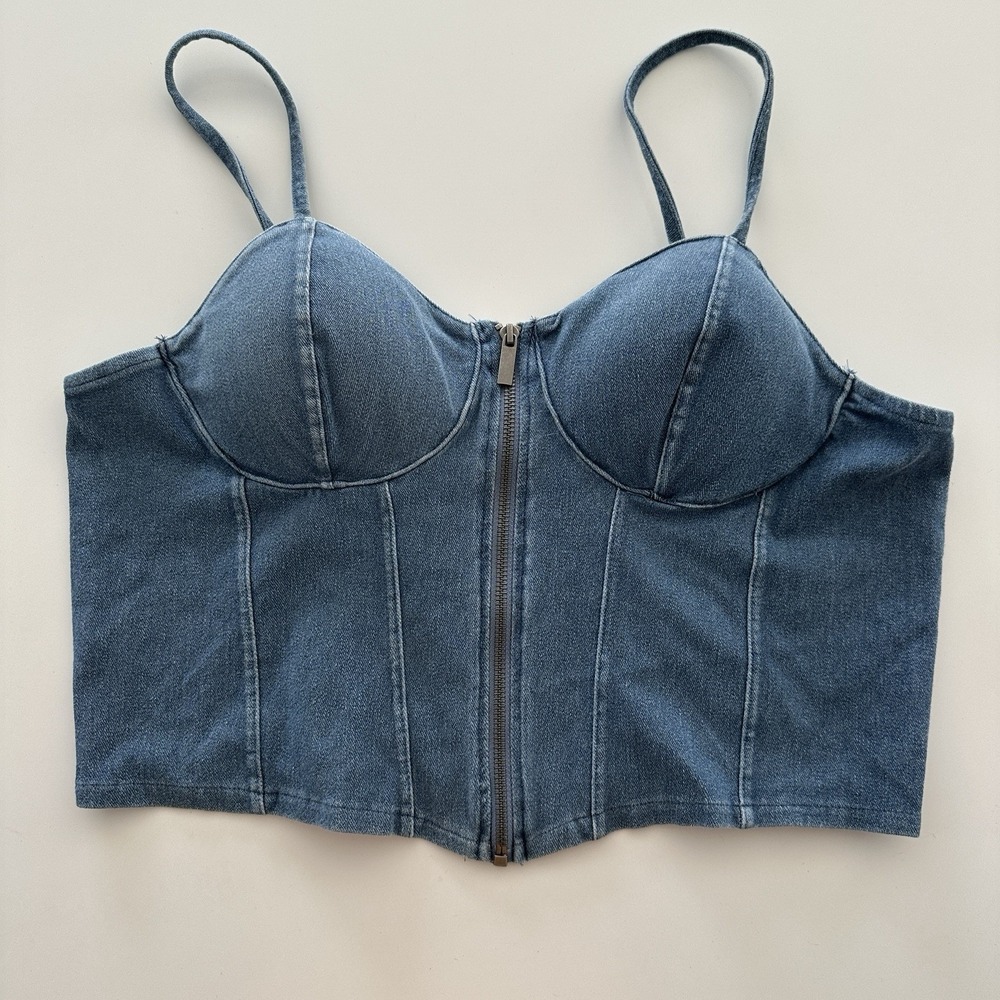 No Boundaries Denim Bustier Corset Top XXL 20 Blue Zip Front Smocked Cropped